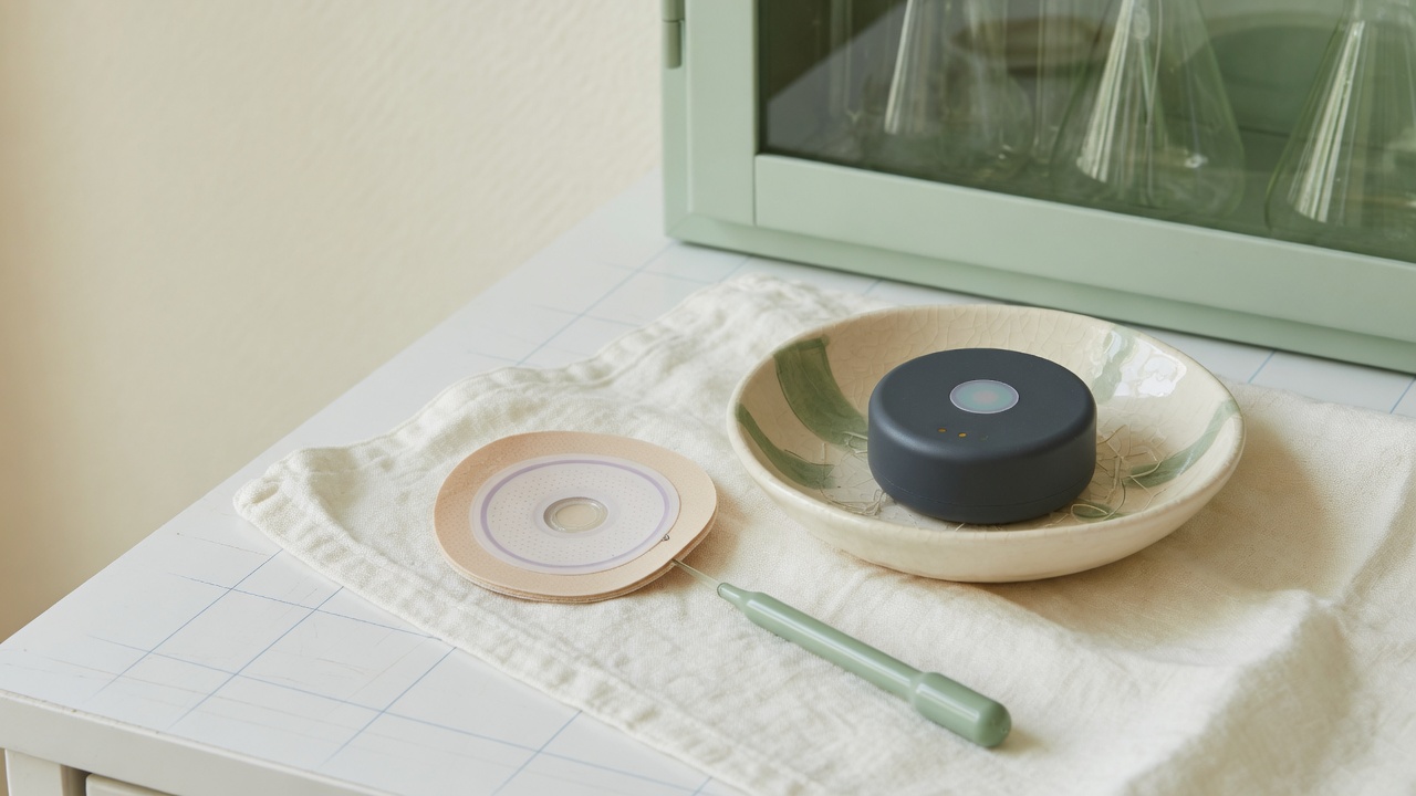 A home bedside with a worn patch and a reader on the nightstand